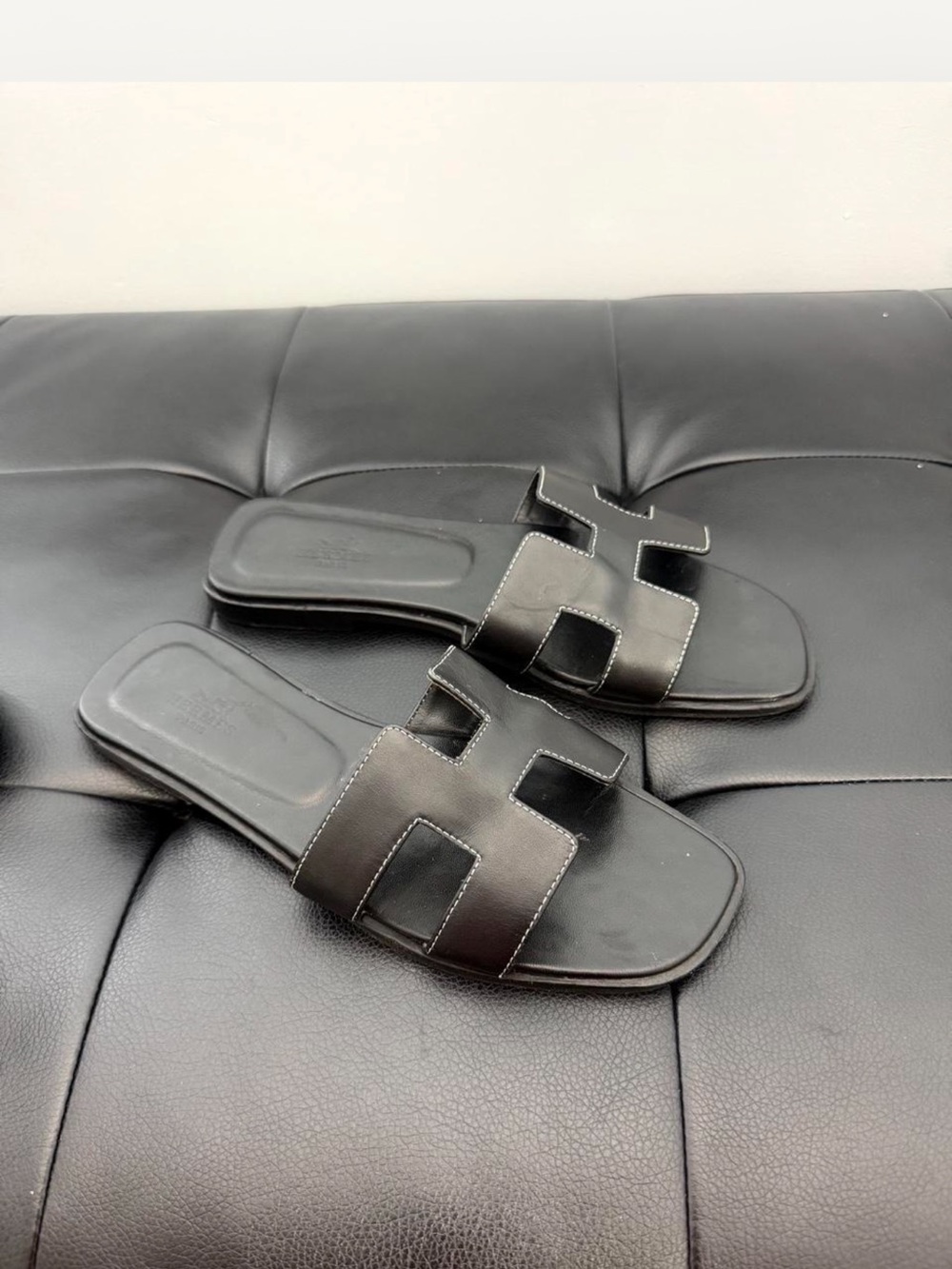 Hermes Black Leather H-Cut Slide Sandals